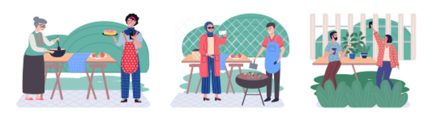 Using phone. Vector illustration. Social interactions are facilitated through social media on phones The use phones has transformed social dynamics Mobile phones have become essential tools