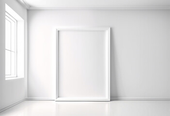  Stanza bianca con finestra su un lato e con cornice per foto mockup al centro della parete