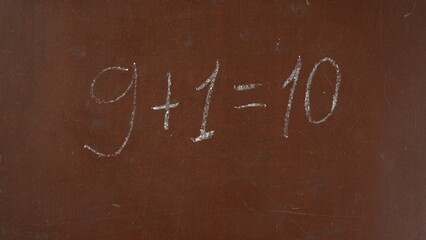 Textured brown chalkboard background. Addition equation is written on the board with a piece of white chalk. Close up shot.