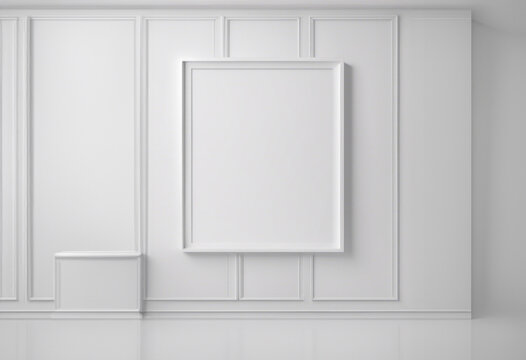 Stanza bianca con cornice per foto mockup al centro della parete