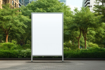 Blank mockup of modern white vertical street poster billboard on Park and Greenery background. Generative AI