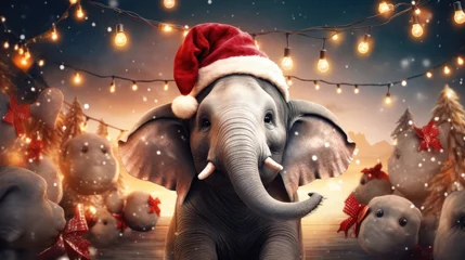 Foto op Plexiglas Olifant Christmas holidays concept. Cute elephant in Santa red hat.