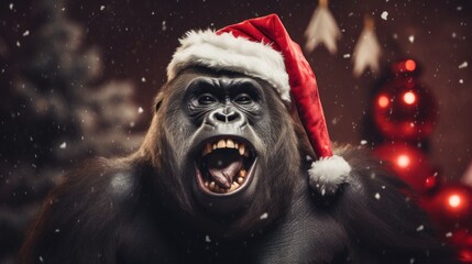 Obraz premium Christmas holidays concept. Cute gorilla in Santa red hat.