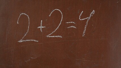 Textured brown chalkboard background. Addition equation is written on the board with a piece of white chalk. Close up shot.
