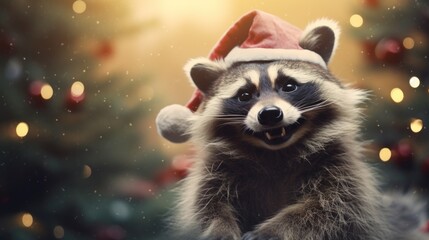 Christmas holidays concept. Cute raccoon in Santa red hat. - obrazy, fototapety, plakaty