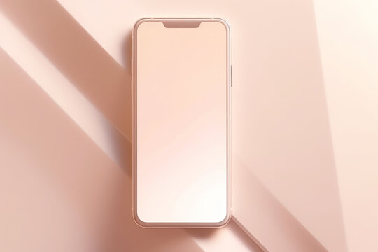 Top view of Blank smartphone screen mock up, neutral light pastel pink background with sunlight shadow. Aesthetic feminine business brand identity template. Generative AI
