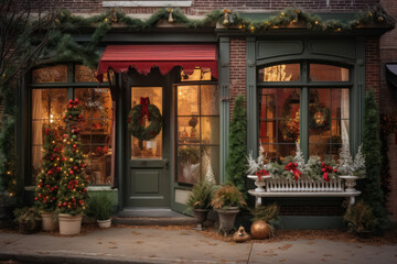 Fototapeta na wymiar A quaint holiday storefront adorned with decorations, lights, and wreaths, suitable for Merry Christmas and New year holiday greetings. Generative AI