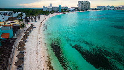 aerial of Cancun Mexico riviera Maya Coastal Beach with Blue Turquoise Waters - obrazy, fototapety, plakaty