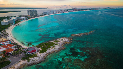 Cancun Riviera Maya Mexico Aerial of Caribbean Sea tropical sandy beach waterfront resort building...