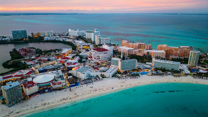 aerial of Cancun Mexico riviera Maya Coastal Beach with Blue Turquoise Waters at Mexico's Famous...