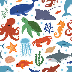 Sea and ocean animals seamless pattern. Cute dolphin, whale, crab, seahorse, starfish, lobster, turtle, stingray, octopus, shark, jellyfish and fish. Wild marine creatures. Vector illustration