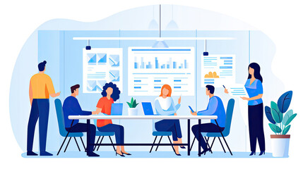 A header image for a project kickoff meeting. Depicts a team planning and setting goals