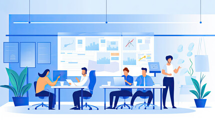 A header image for a project kickoff meeting. Depicts a team planning and setting goals