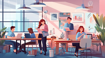 A banner image for a co-working space directory. Features professionals networking in a shared workspace - obrazy, fototapety, plakaty