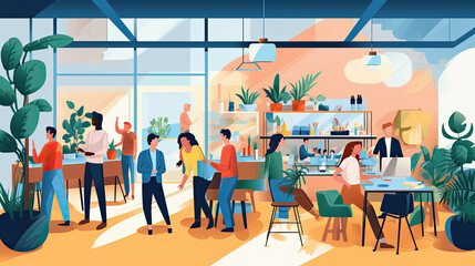 Fototapeta na wymiar A banner image for a co-working space directory. Features professionals networking in a shared workspace