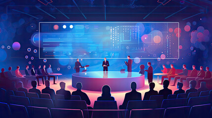 Fototapeta na wymiar A header image for a technology innovation conference. Illustrates experts discussing cutting-edge technologies