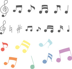 色々な音符のシンプルな手書きイラスト、モノクロとカラーのセット