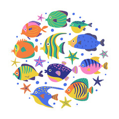 Cartoon ocean underwater animals,  fishes, starfishes. Marine life background. Ocean wild life round composition. Hand drawn vector illustration isolated on white background. 