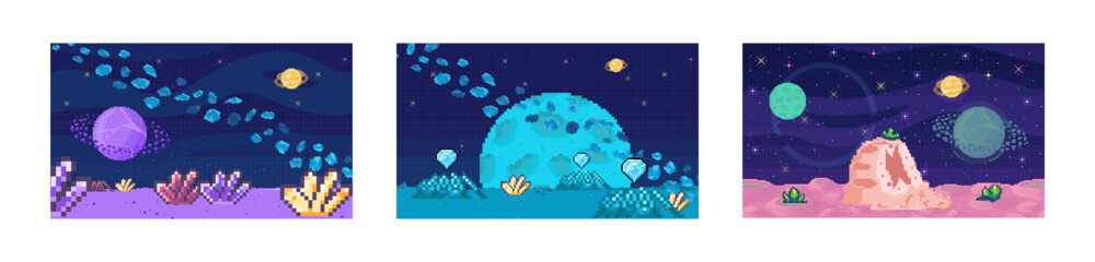 Naklejka premium Space game. Vector illustration. The galactic soundtrack enhances immersive experience space game The astronomical objects in game inspire sense wonder and curiosity The boundless expanse space