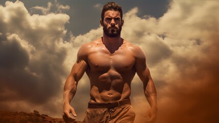Sexy portrait of male model naked in the desert sand wearing underwear. a bare-chested man walks through the desert