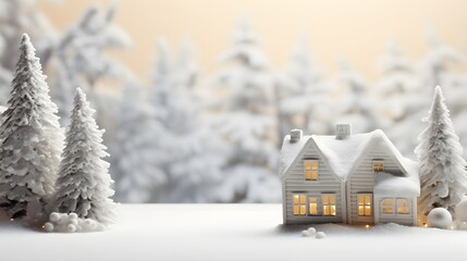 White miniature houses in row on white christmas background, Christmas Holiday theme, snowing, bokeh lights landscape banner, white trees