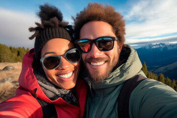 multiracial couple poses for a selfie photo. asian and american background, mountain