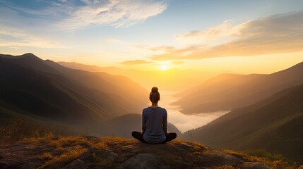 meditation at Mountain landscape at sunset, Generative AI
