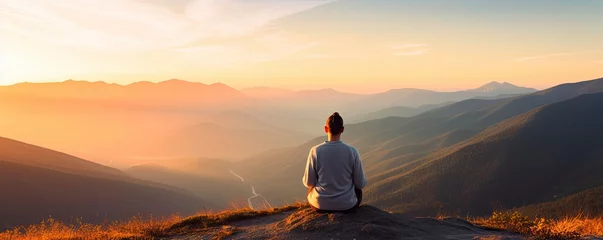 Foto op Canvas meditation at Mountain landscape at sunset, Generative AI © kanesuan