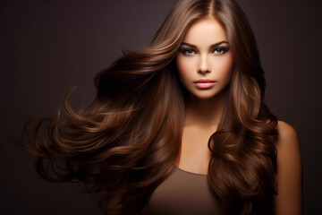 Fototapeta premium portrait of a long hair brunette woman on dark background 