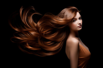 Naklejka premium portrait of a woman with long hair flowing in air on dark background