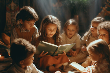 Group of children reading book in kindergarten