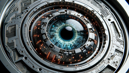Obraz premium An extreme close up of a robotic eye. Blue eye. Cybernetic organism. Cybernetic implants. Future of technology. Artificial intelligence. Android eye.