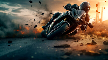 Motorcycle rider in helmet and gear racing at high speed on the nighttime background with motion blur. Sports theme. AI Generated - obrazy, fototapety, plakaty