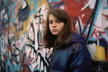 Stylish teenaged girl stands next to wall with graffiti in city