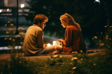  couple in love sitting by the fireplace at home on a romantic evening