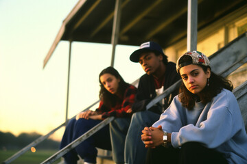 Obraz na płótnie Canvas Stylish teenagers sitting at statium strair, 1980s image style