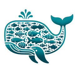 Obraz premium Whale silhouette filled with various marine fish, representing concept of ocean biodiversity, marine ecosystem harmony, and underwater life preservation