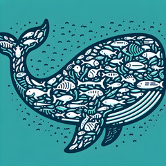 Naklejka premium Artistic Illustration of Whale Filled with Fish Patterns on Teal Background: Concept of Marine Life Harmony, Biodiversity, and Ocean Ecosystem Unity
