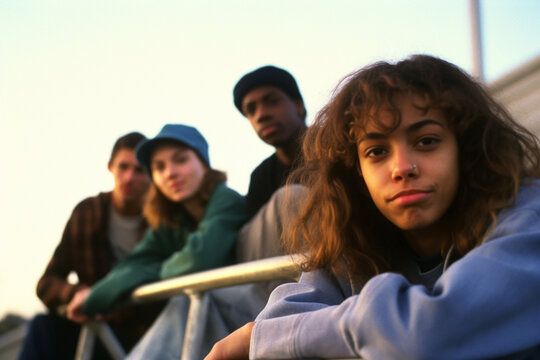 Stylish teenagers sitting at statium strair, 1980s image style