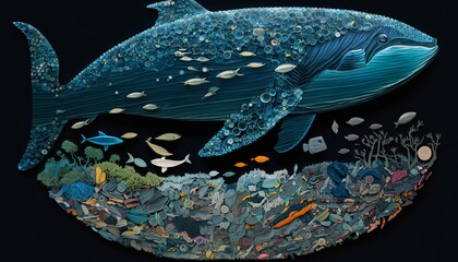 Fototapeta premium whale swimming above plastic dump ocean pollution 2D design illustration