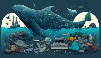 day and night wasting resources environment, ocean pollution with plastic 2D design illustration