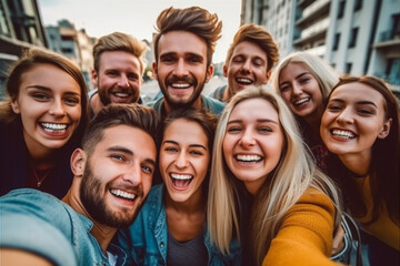 Smiling group of people make selfie and looking at camera