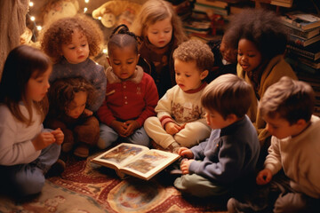 Group of children reading book in kindergarten