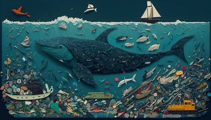 whale swimming in waste environment, ocean pollution with plastic 2D design illustration