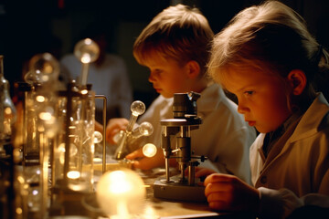 Little kids play in laboratory at school