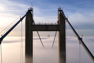 aerial view of the Humber Bridge in the morning mist over the river humber 