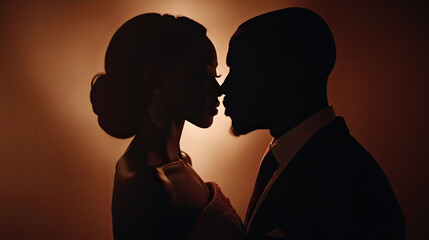 Tender Moment: The Bride and Groom's First Kiss, close-up intimate portrait of lovers in wedding clothes, romantic lighting, silhouette kissing - obrazy, fototapety, plakaty