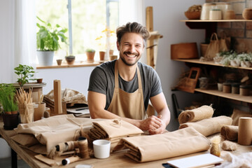 Fototapeta premium A man weaver creates craft products in a workshop.