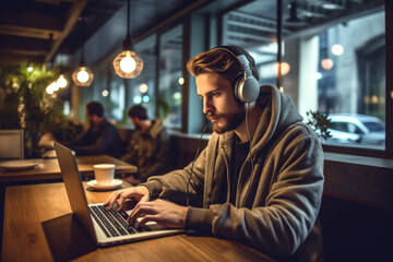 young developer in headphones working on laptop computer in the cafe