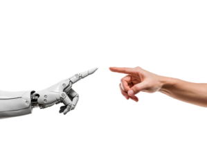 human hand touching with robot hand, hand pointing each other